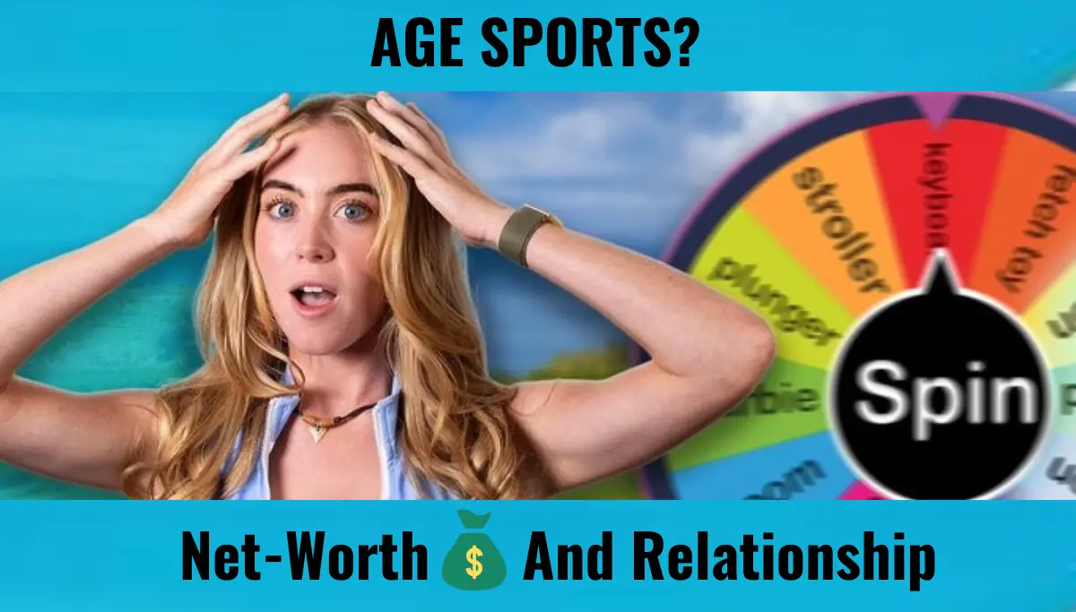Grace Charis, a blonde woman with hazel eyes, looking surprised with her hands on her head against a blue background. Beside her is a colorful spin wheel with various text labels, highlighting words like 'Age', 'Sports', and 'Spin'. The bottom of the image features text indicating 'Net-Worth' and 'Relationship' with corresponding symbols.