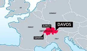 A map highlighting the location of Zurich, Davos, and Geneva in Switzerland, with Switzerland colored in red and labeled. The surrounding countries of France, Italy, Germany, and the UK are also depicted in lighter shades.





